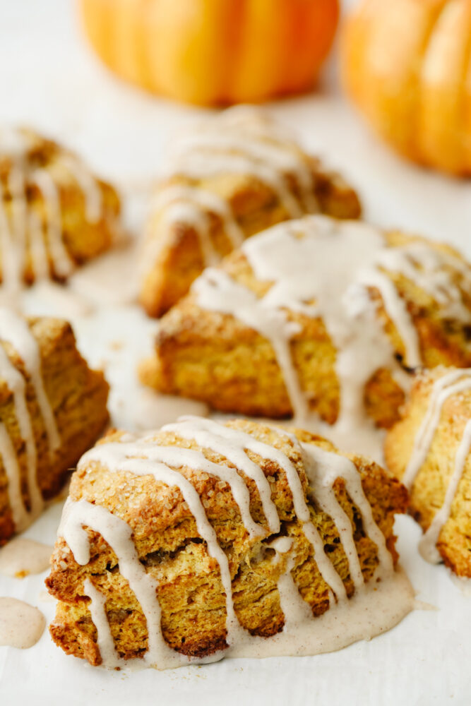 A close up of a pumpkin scone. 