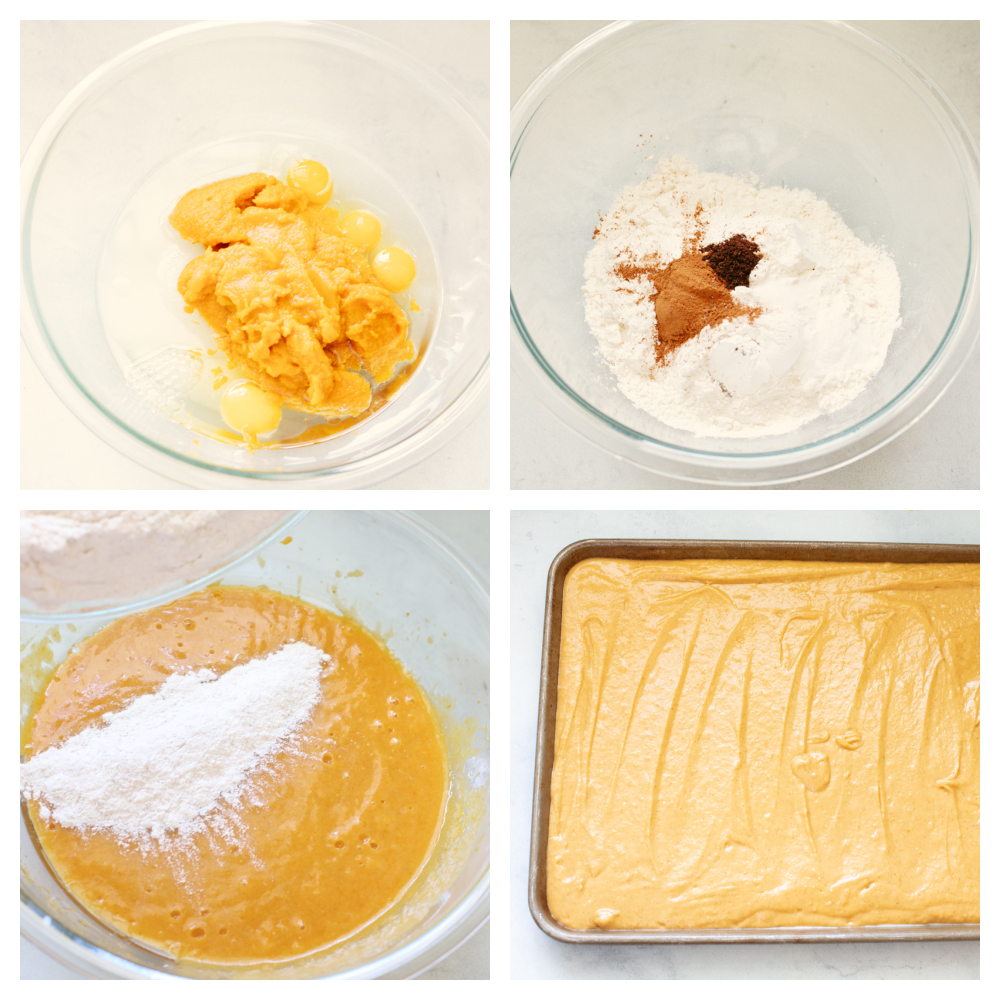 4 images showing how to mix and ice a pumpkin spice sheet cake. 