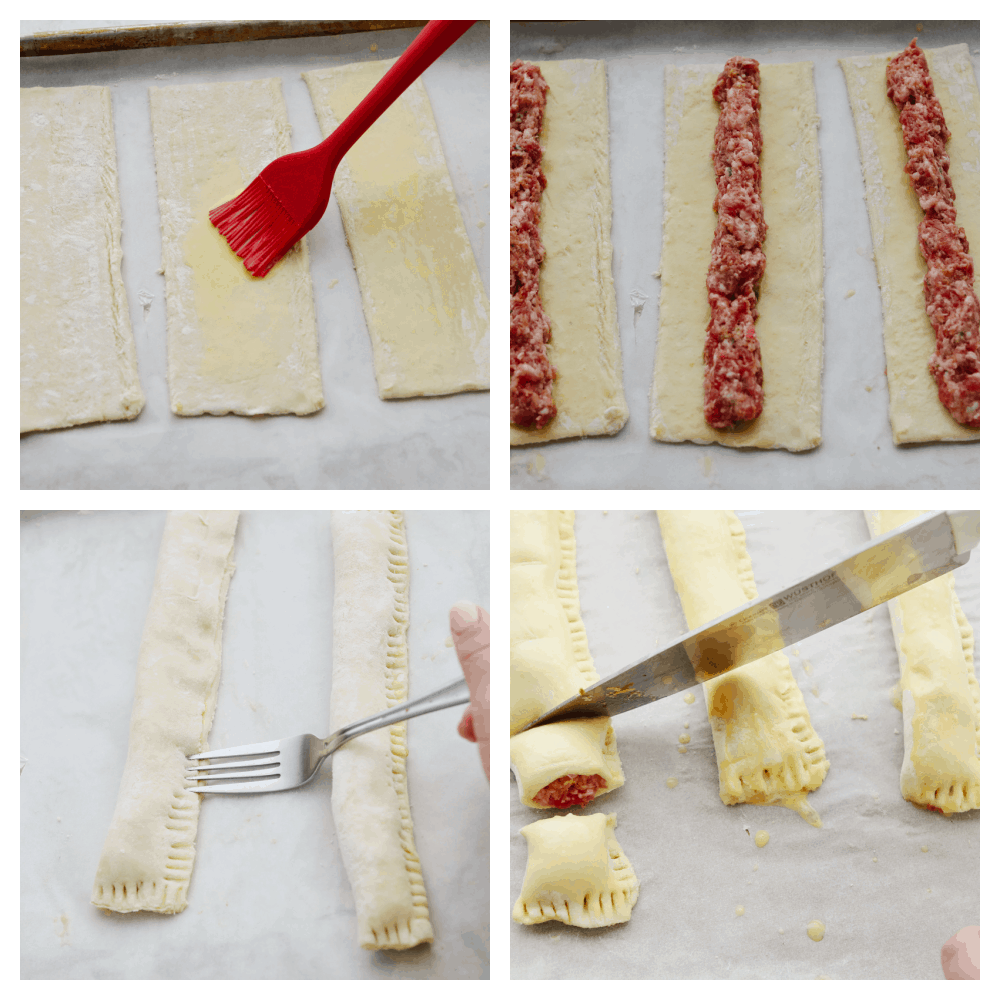 4 pictures showing how to make sausage rolls. 