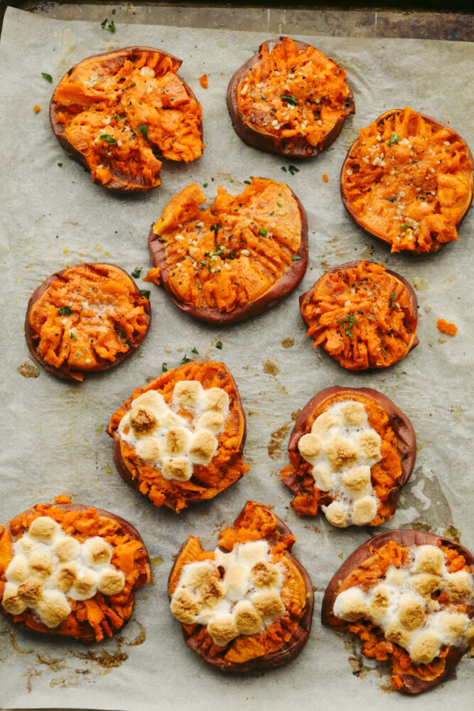 Smashed sweet potatoes that are savory and sweet. 