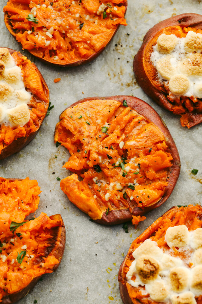 Sweet potatoes on a tray. 