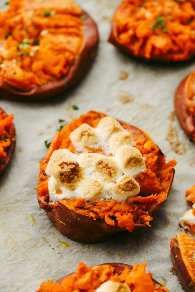 Close up of a sweet smashed sweet potato. 