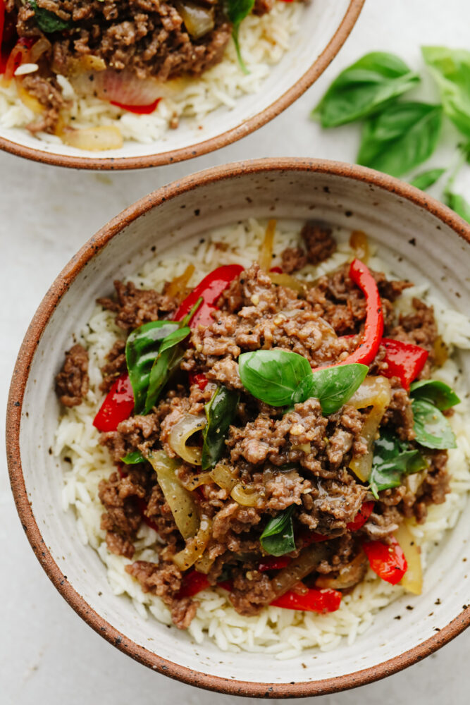 Top view of Thai basil beef in a bowl. 