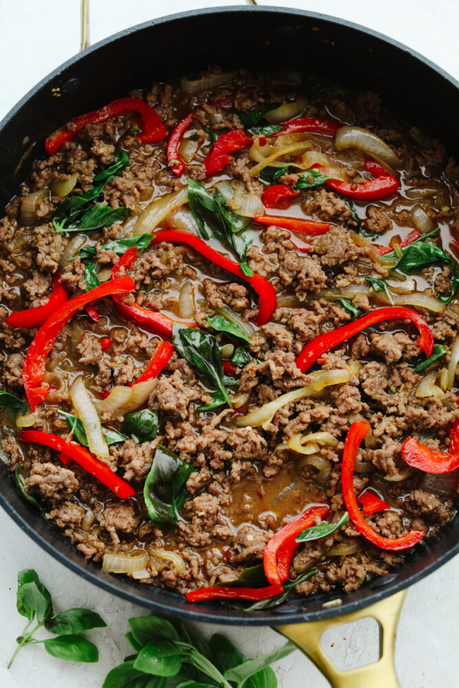 Ingredients cooking in a pan. 