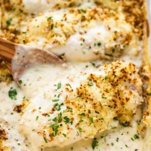 Swiss chicken baked in a casserole dish.