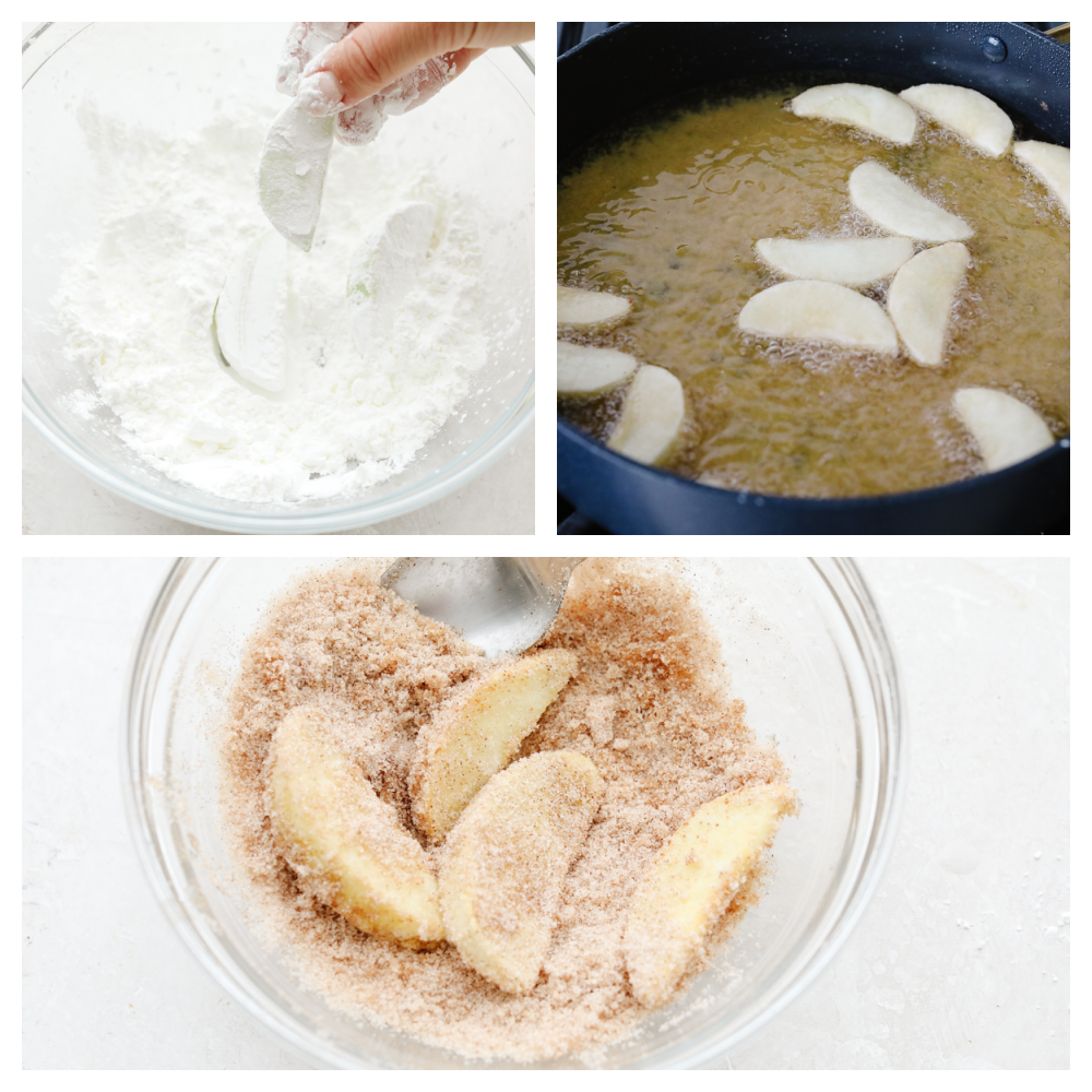 Process shots of frying apples and coating in cinnamon sugar.