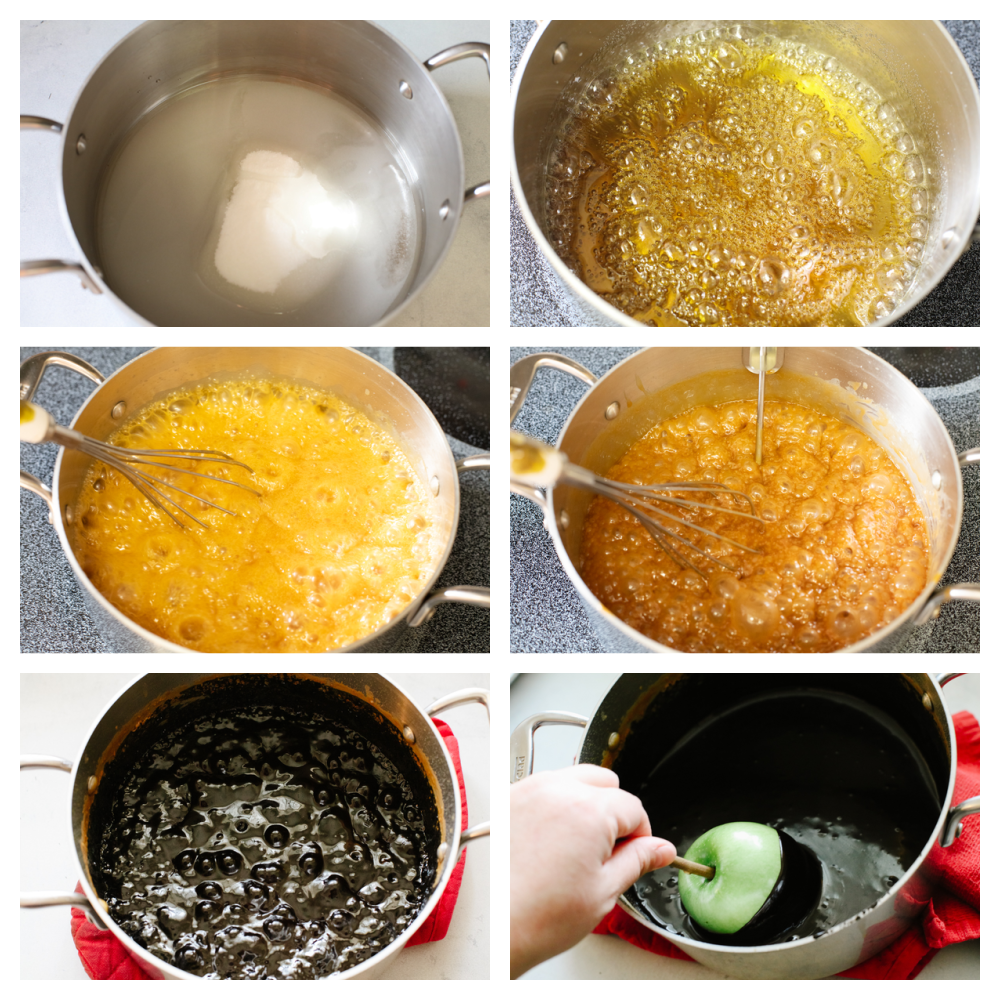 Boiling ingredients together to make caramel apples. 