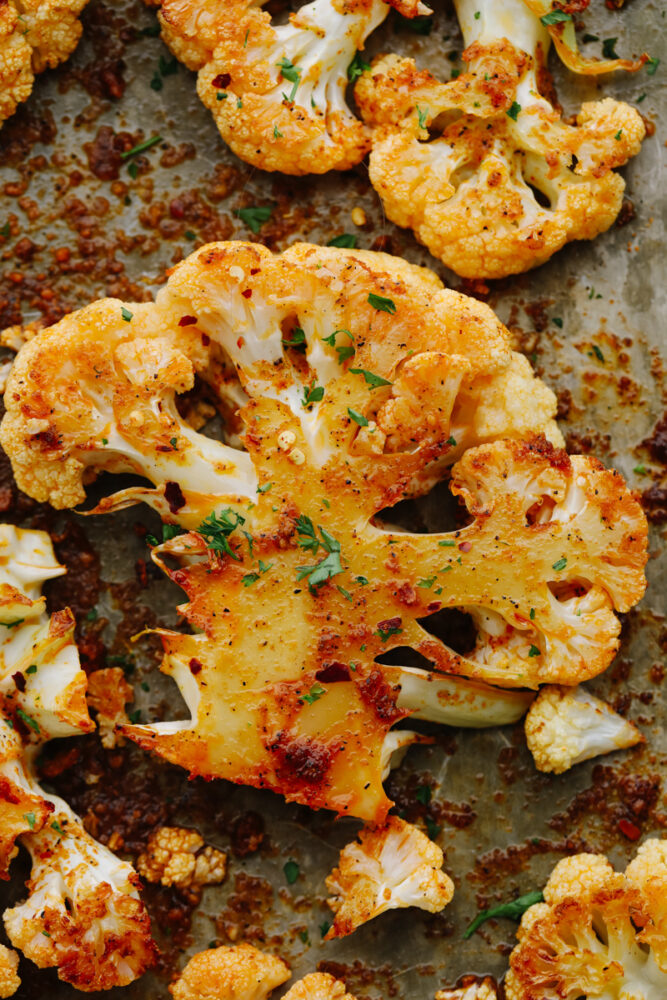 Closeup of a seasoned cauliflower steak.