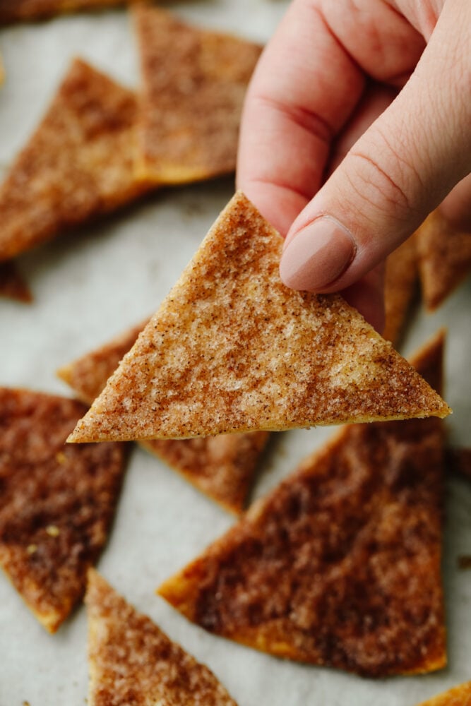 Picking up one cinnamon sugar chip.