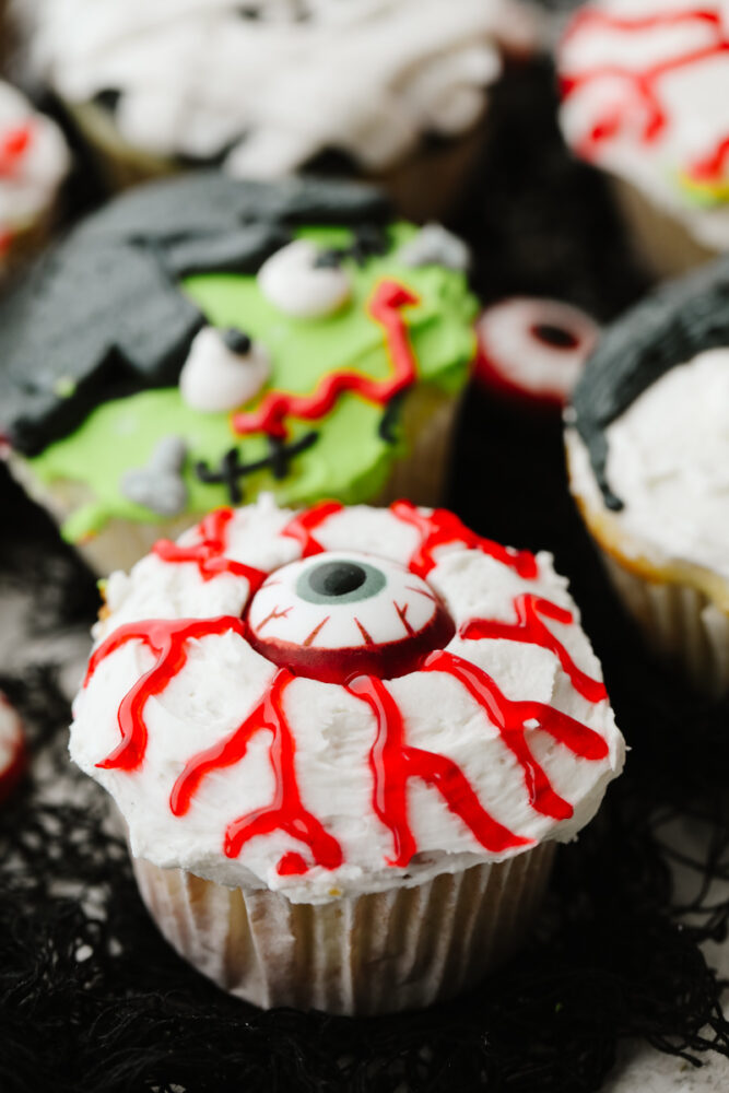 Closeup of an eyeball cupcake.