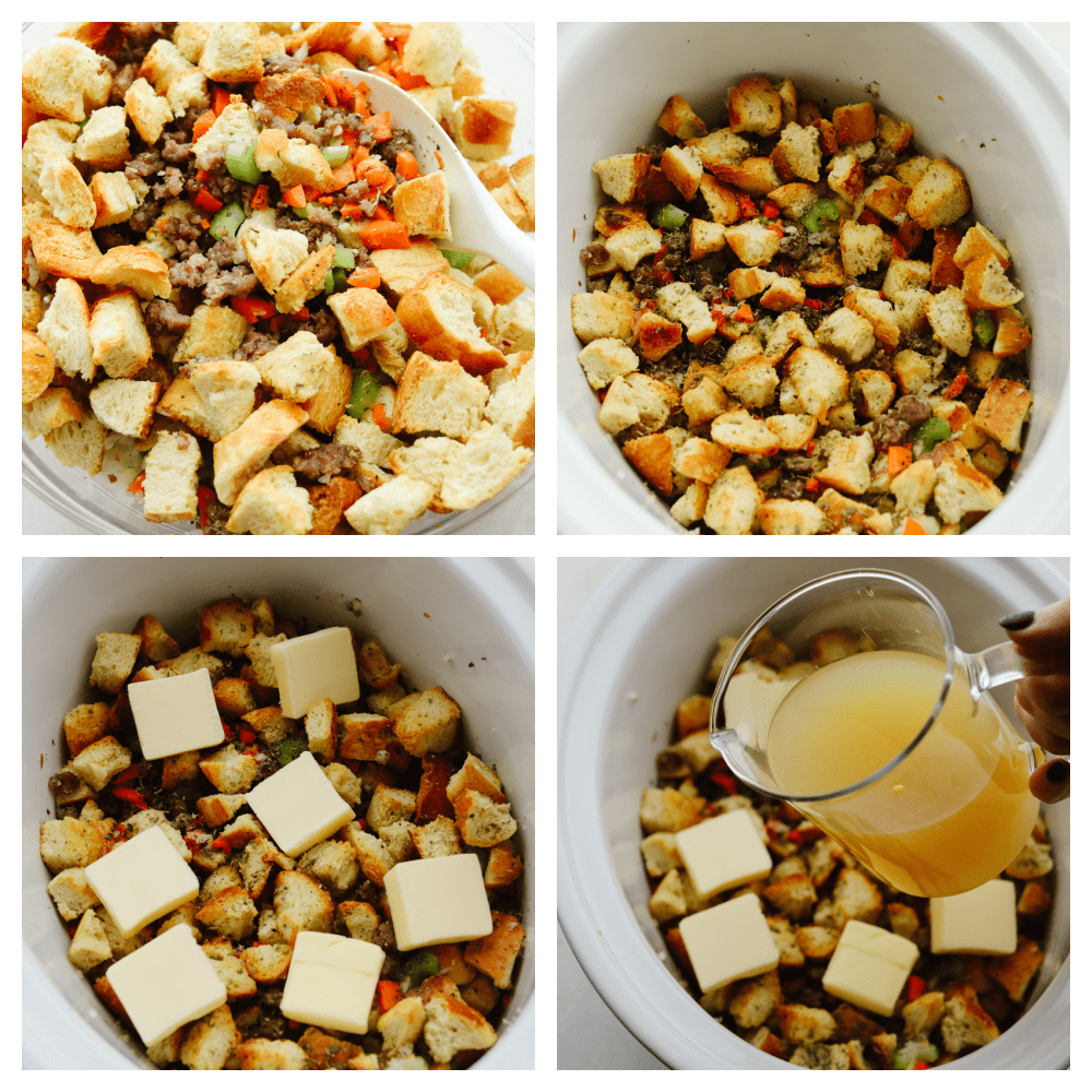 4 pictures showing steps on how to make homemade sausage herb stuffing. 