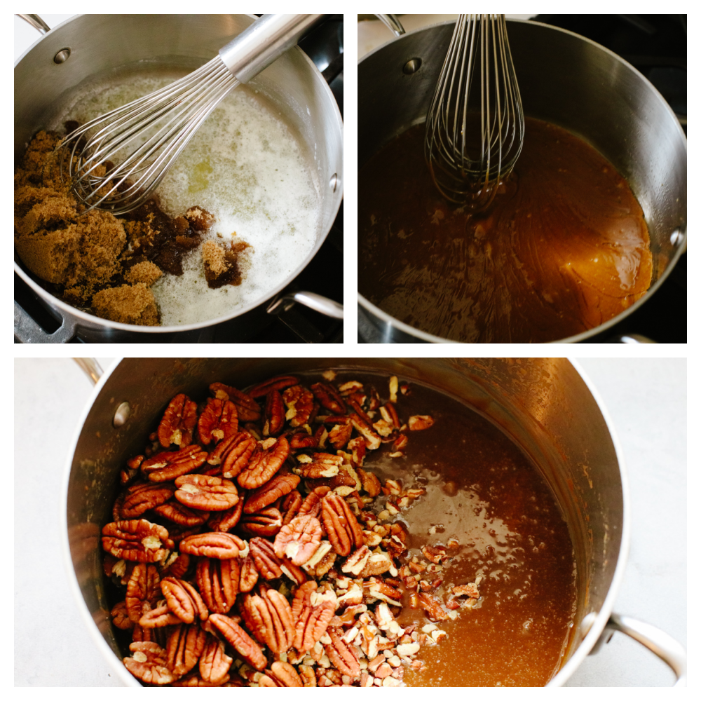 Melting and mixing pecan topping ingredients together.