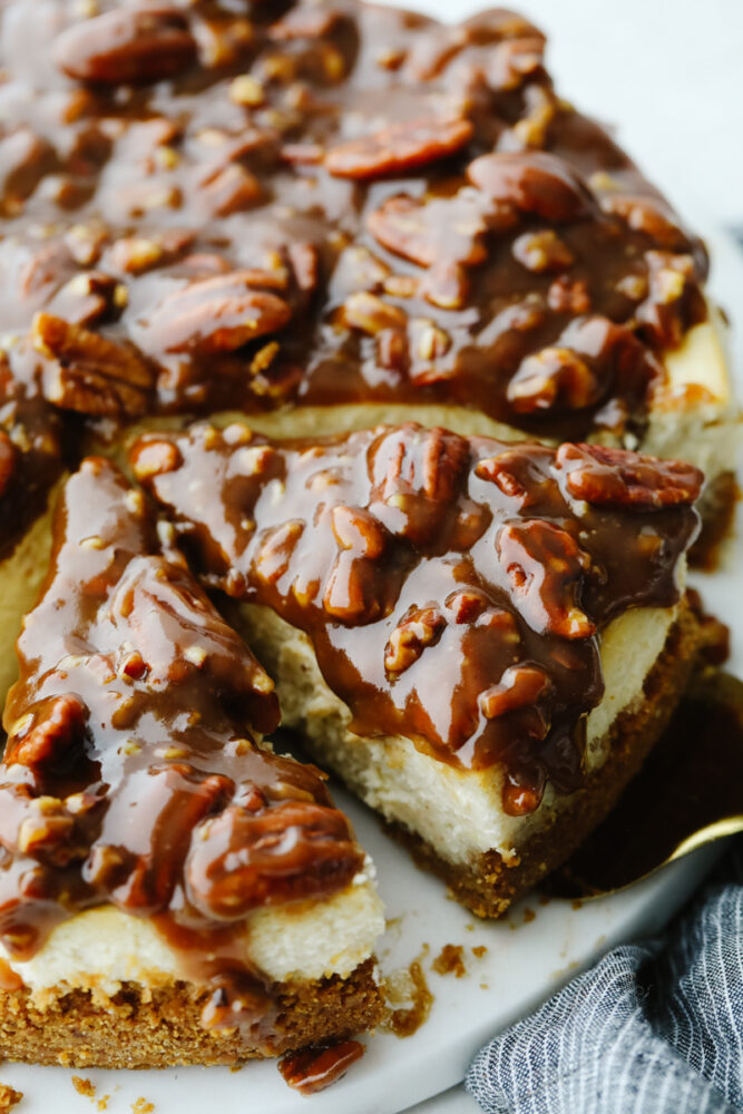 A pecan pie cheesecake cut into pieces.