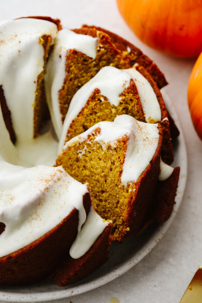 Pumpkin bundt cake sliced up. 