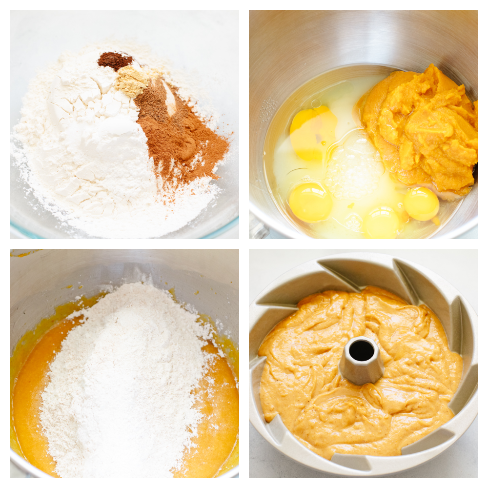 Steps showing how to make pumpkin bundt cake.  