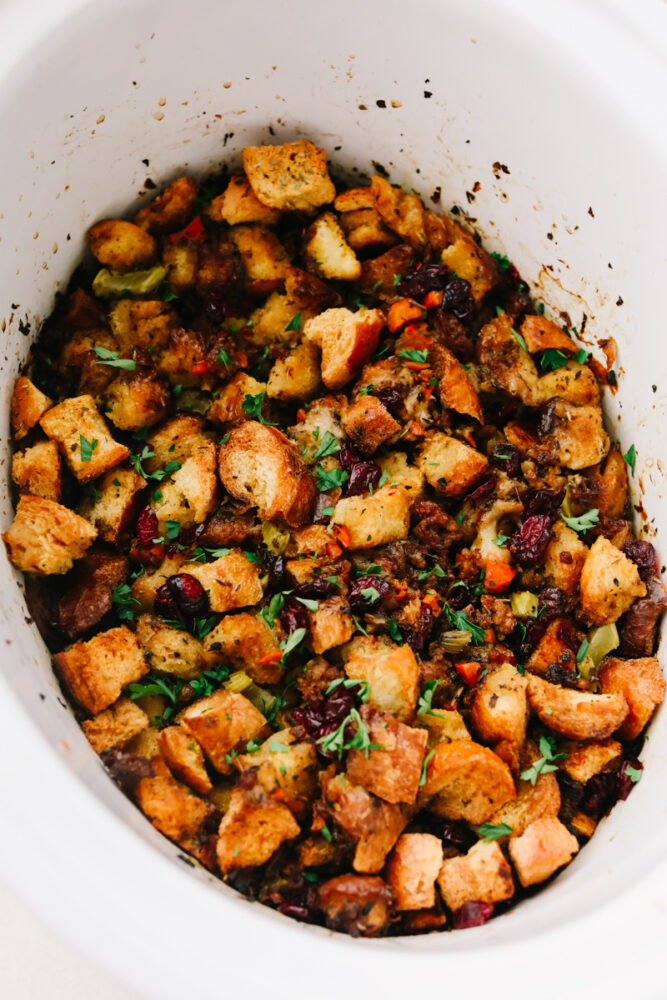 Stuffing in a serving dish. 