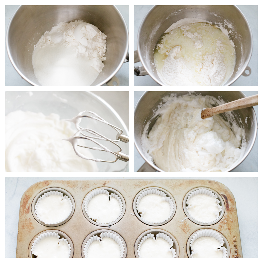 5 step by step pictures showing how to make cupcake batter.