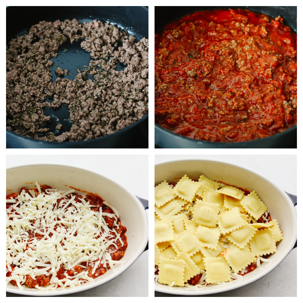 Photos cooking the ground beef, adding the sauce, then putting it in the dutch oven. 