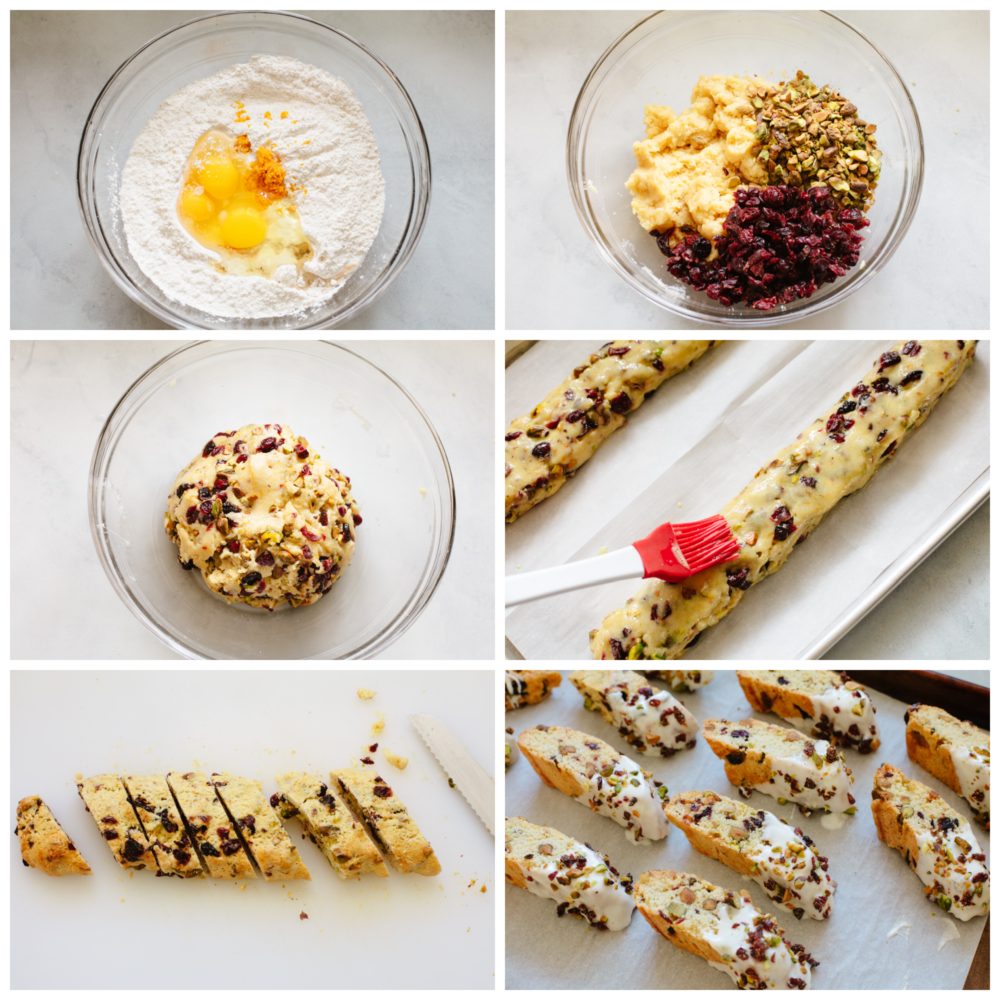 Process shots of preparing biscotti dough and baking.