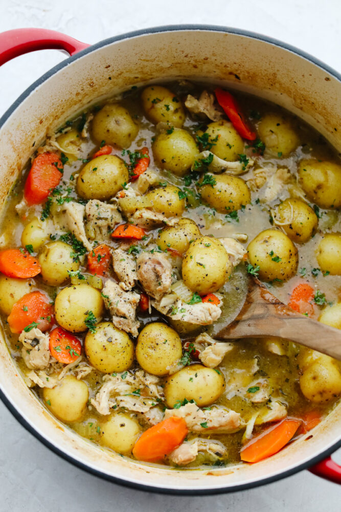 A pot of chicken stew with a wooden spoon. 