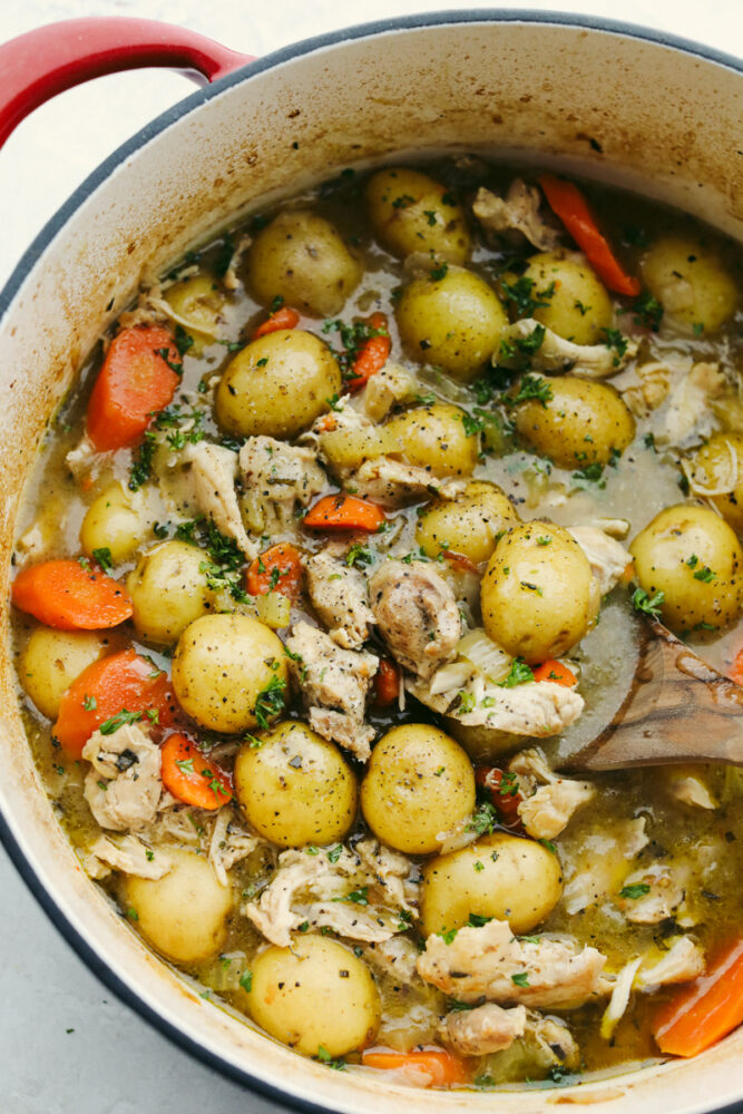 Chicken stew in a pot with a wooden spoon. 