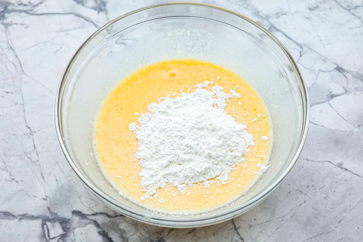 Overhead shot of eggs with cornstarch mixture. 