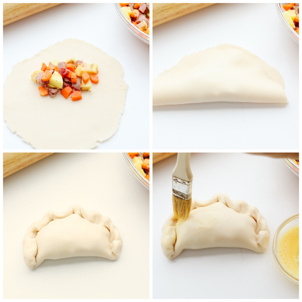 4 pictures showing how to roll the dough, fill it and then pinch it back up and put an egg wash on it. 