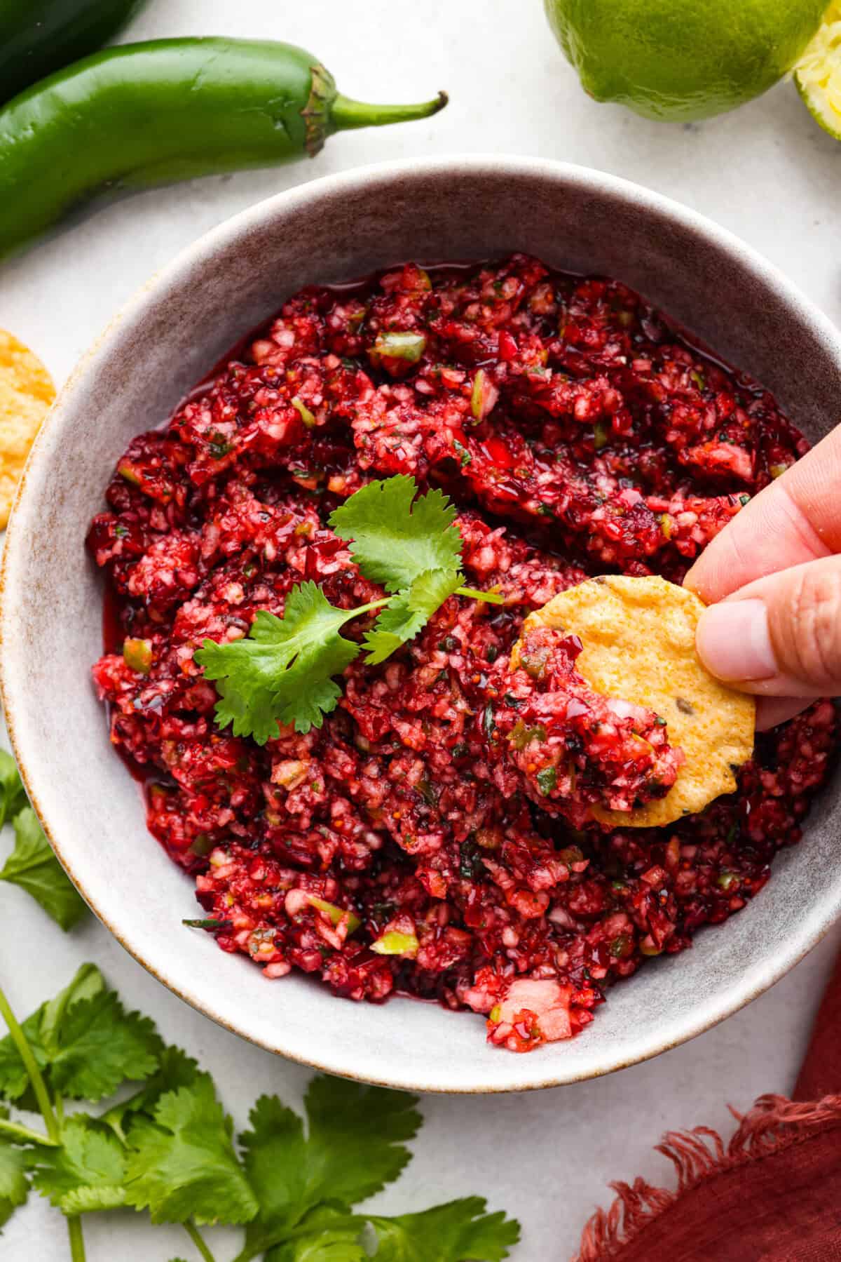 Overhead shot of someone scooping a bite of salsa onto a chip. 