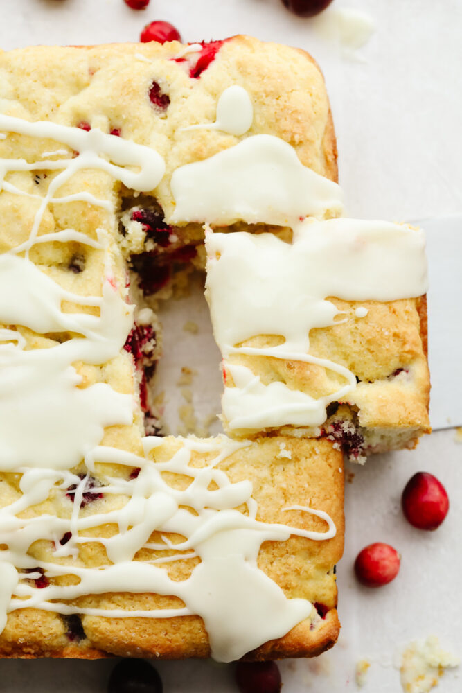 Cranberry cake cut into squares. 