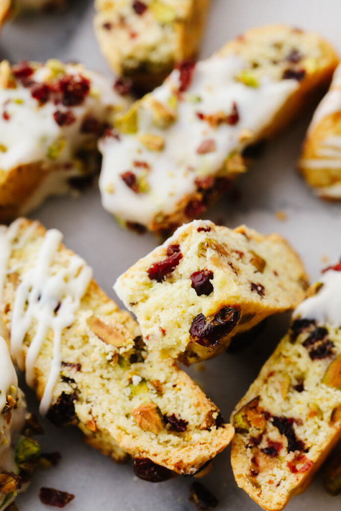 Closeup of cranberry pistachio biscotti.