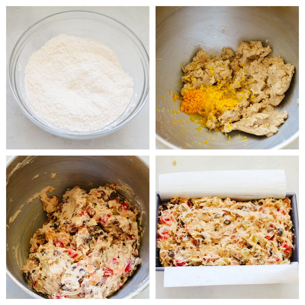 Process shots of preparing batter and adding to loaf pan.