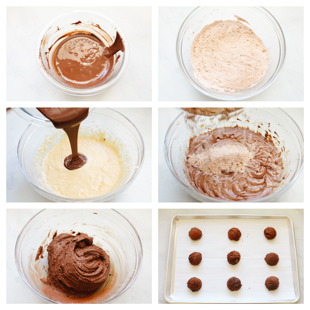 4 pictures showing how to make chocolate cookie batter.