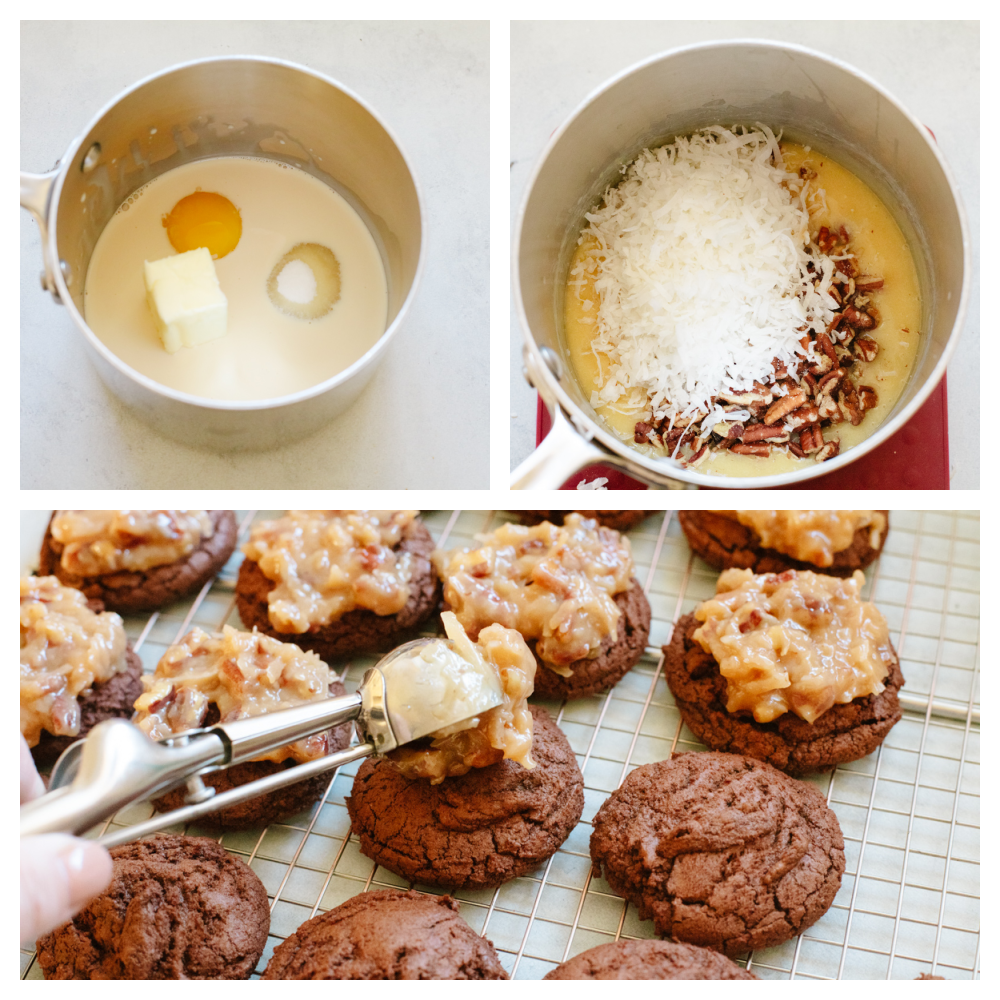 3 pictures showing how to make German topping and put it on cookies. 