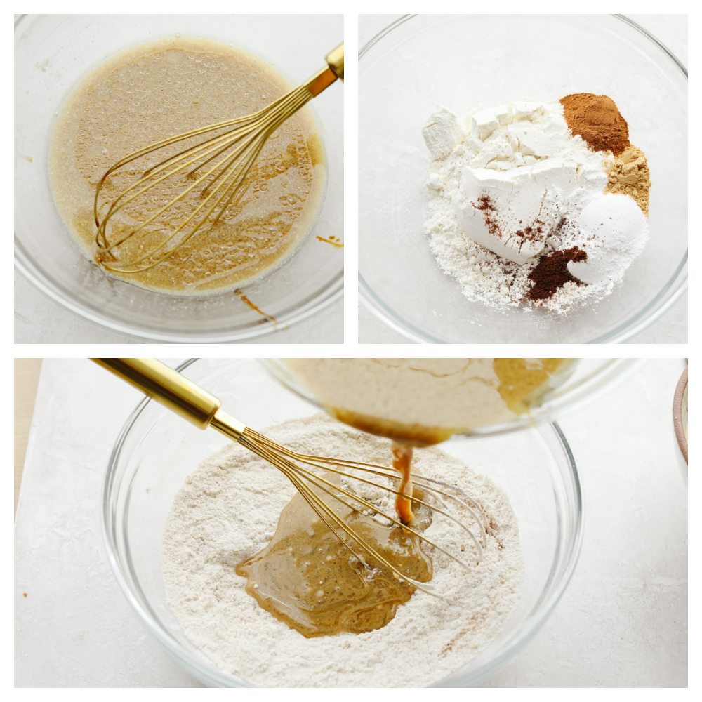 Mixing together gingerbread pancake batter.