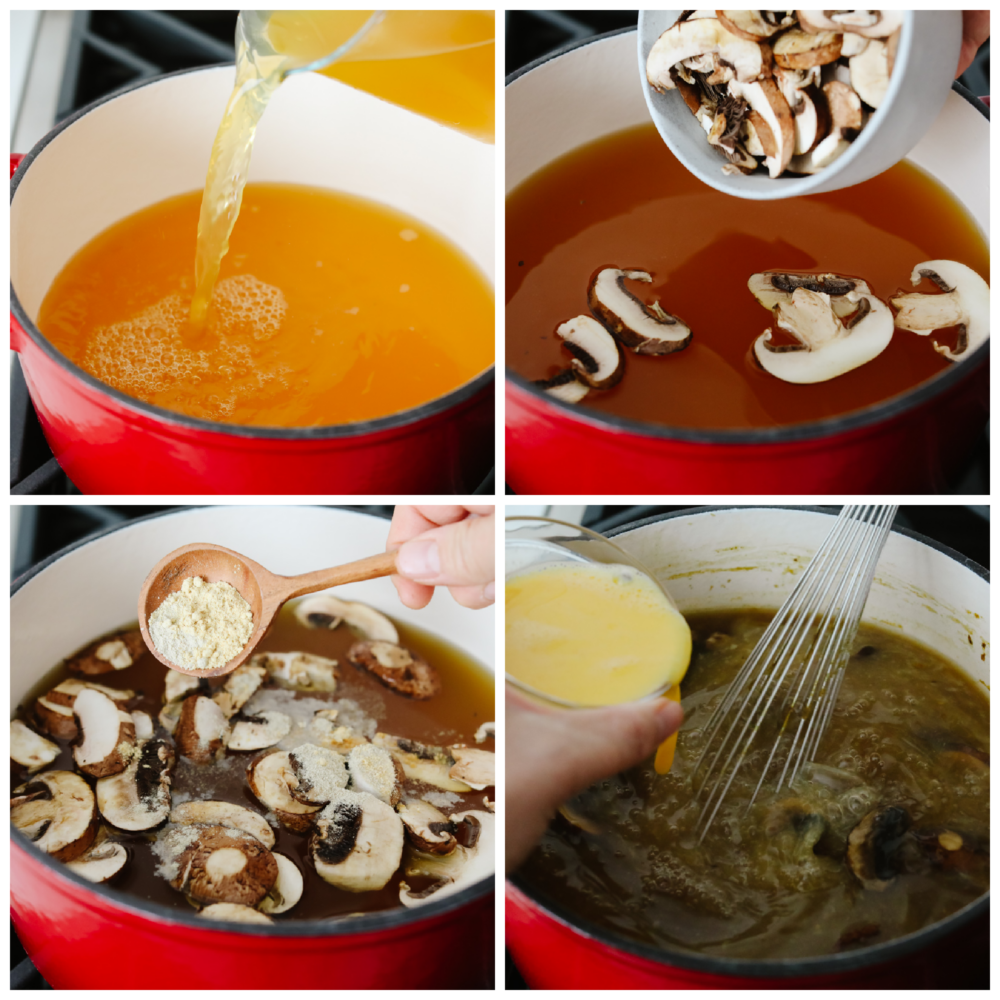 4 pictures showing the steps of how to pour in the broth and the veggies. 