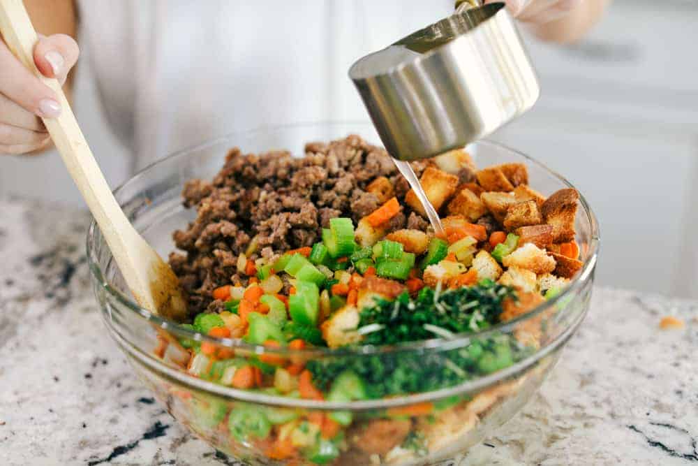 Vegetables and stuffing in a glass bowl. 