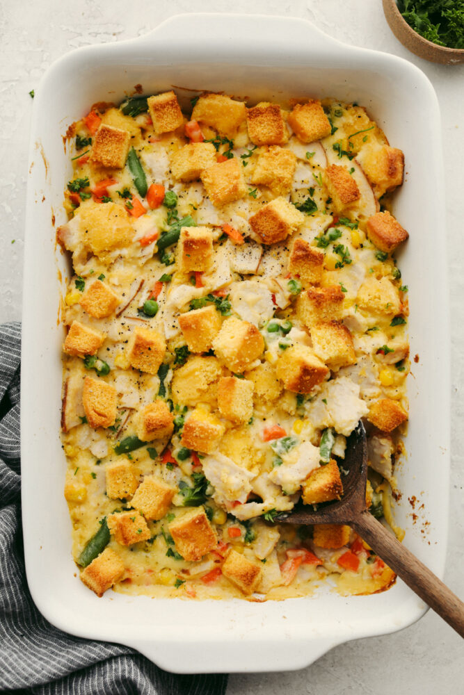 Turkey casserole in a baking dish. 