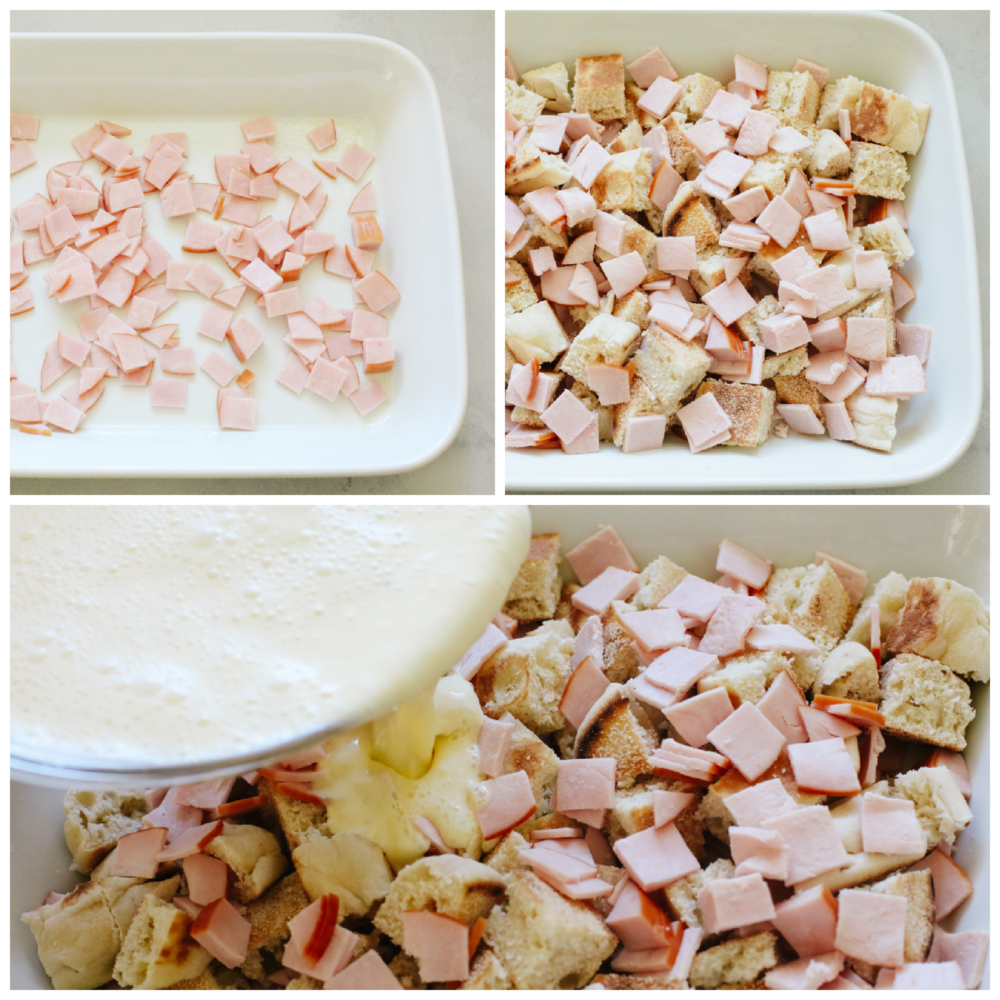 Process shots of layering eggs benedict casserole.