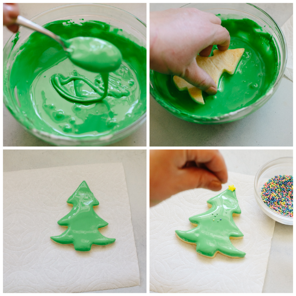 Process shots of dipping cookie into frosting and adding sprinkles.