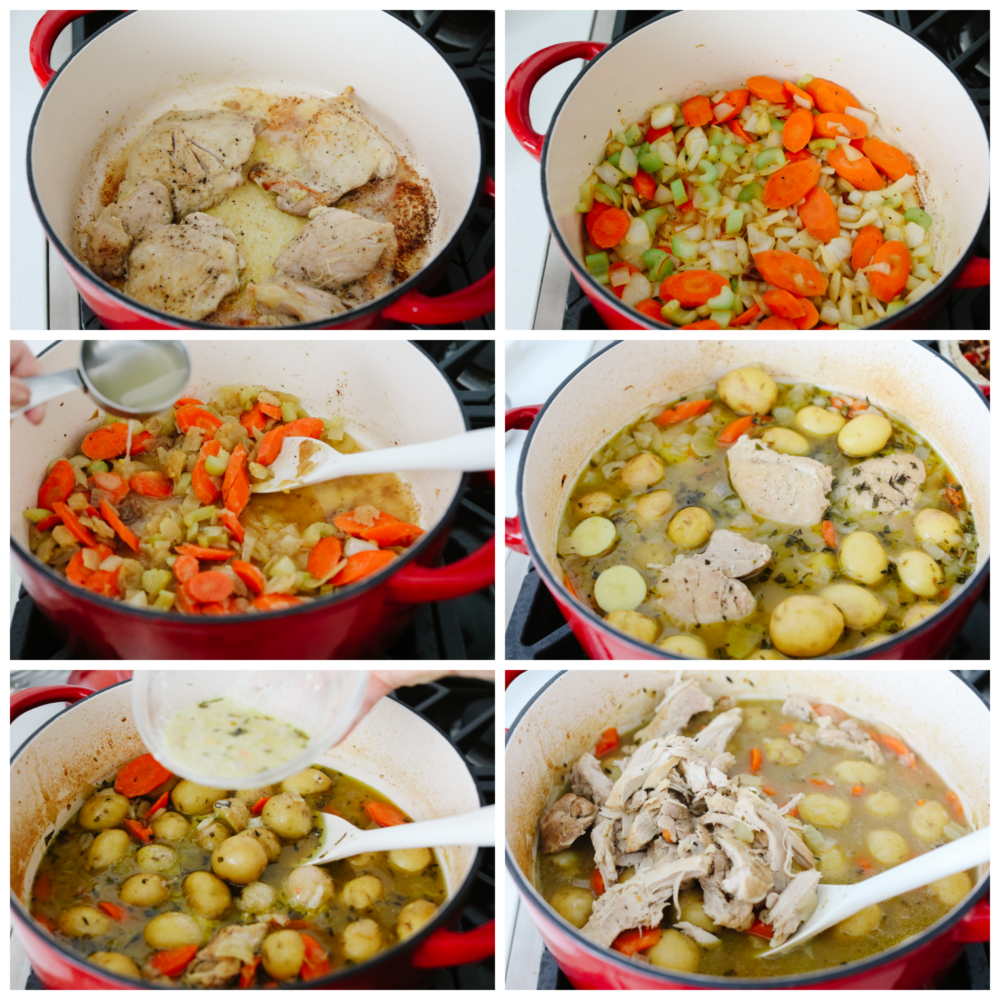 6 pictures showing how to cook veggies and chicken for stew. 