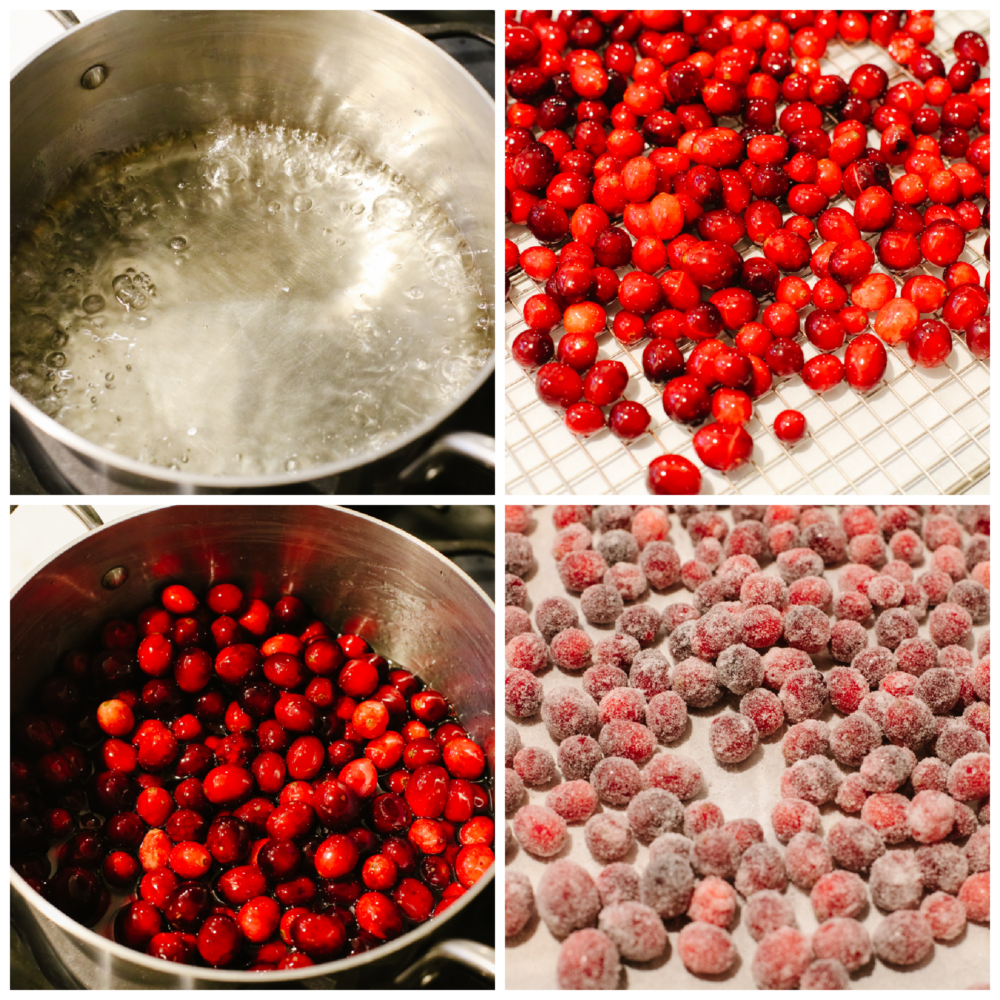 4 pictures showing how to make a sugar syrup and coat it on the cranberries. 