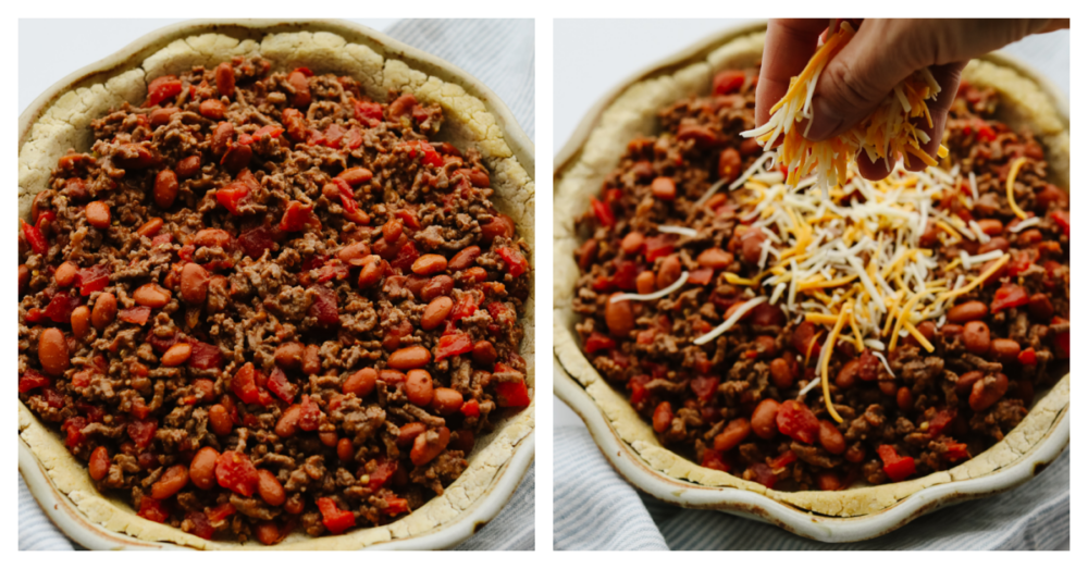 2 pictures showing how to fill a crust with meat and cheese. 