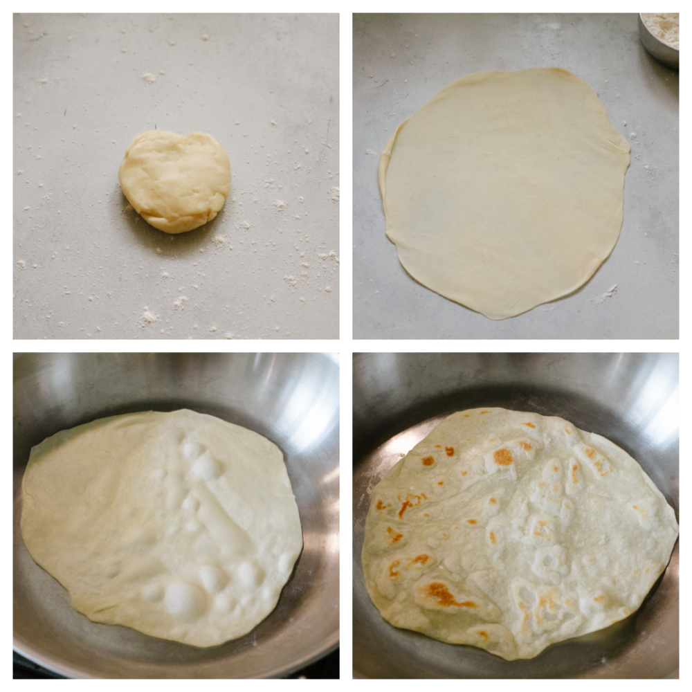 4 pictures showing how to roll out the dough and cook it. 