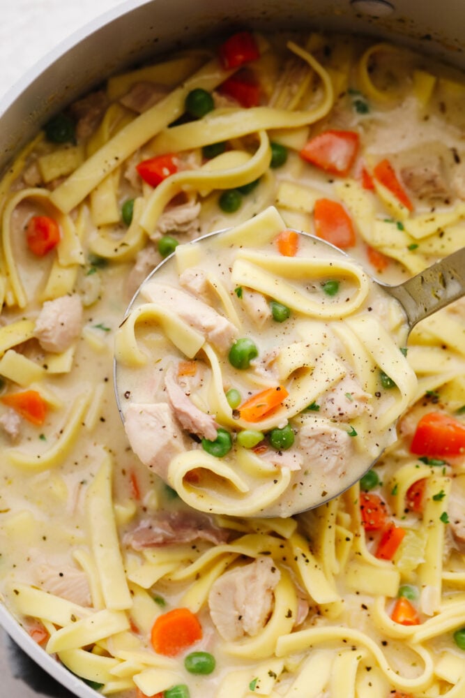 Hero image of a ladle scooping up turkey noodle soup.