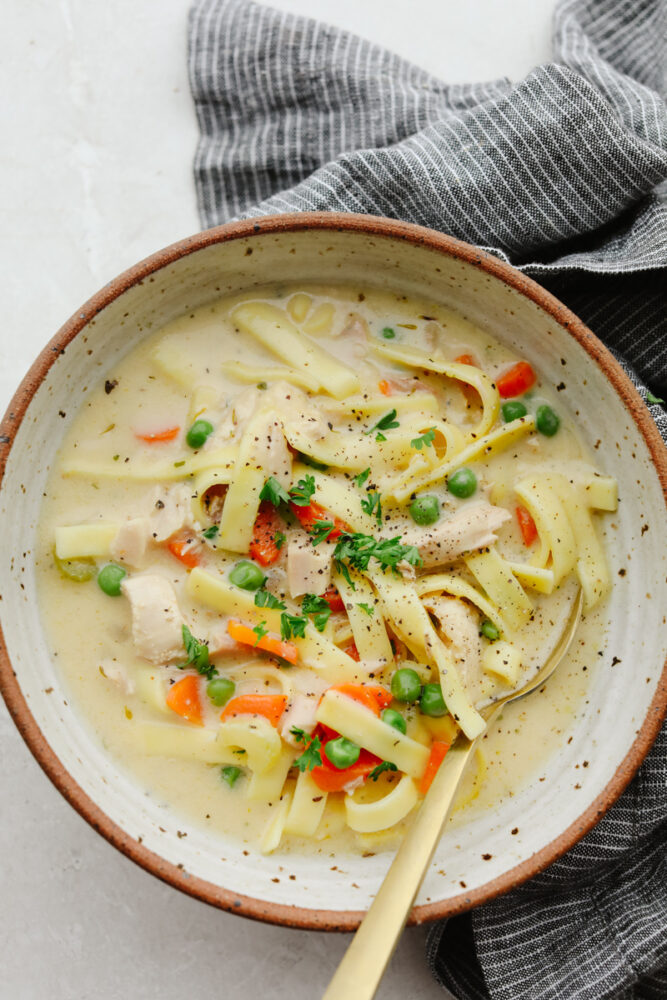 Turkey noodle soup served in a stoneware bowl.