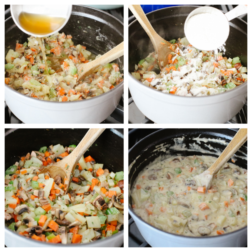 4 process shots of preparing pot pie filling.