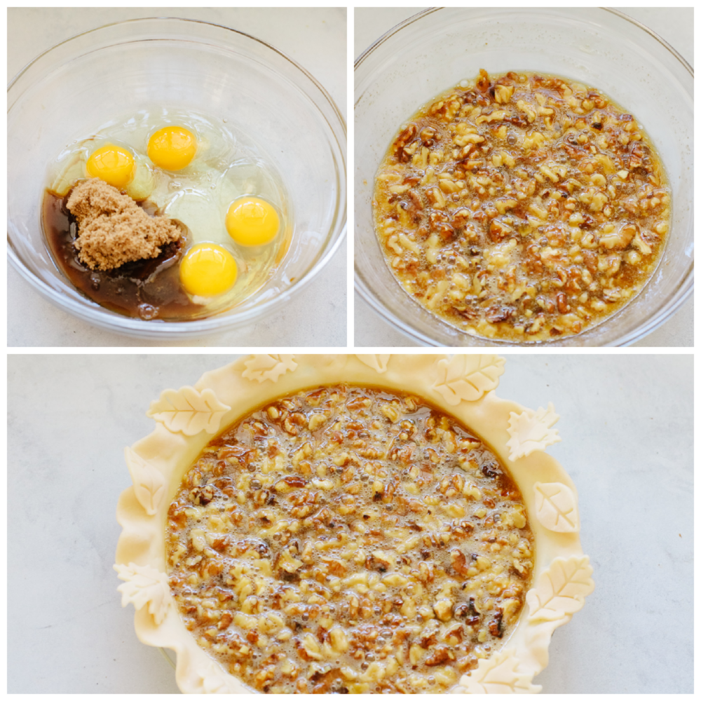 Process shots of preparing pie filling and adding to crust.