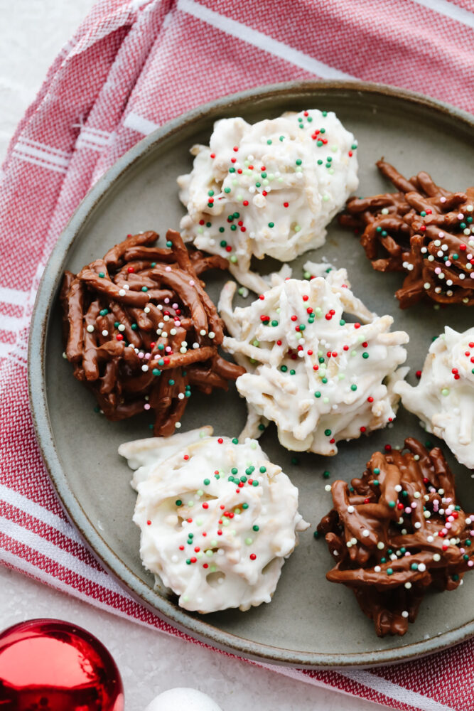 Haystack cookies on a plate. 