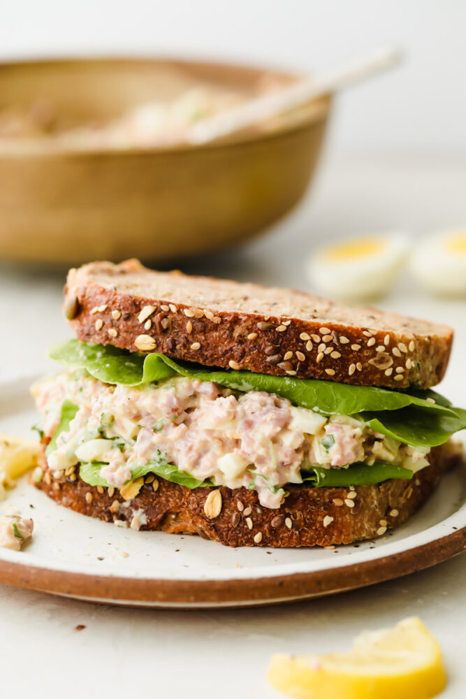 A ham salad sandwich on a plate. 