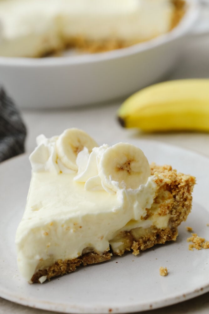 A slice of bo-bake cheesecake on a plate. 